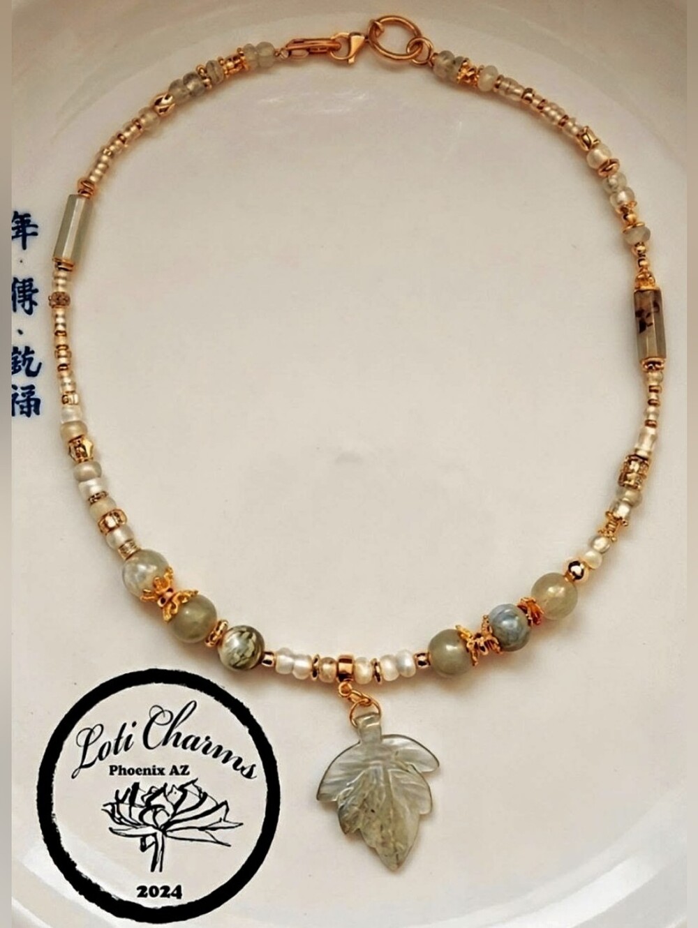 Exquisite Light Green Jade In Artisan Handmade 18K Gold Plated Necklace
